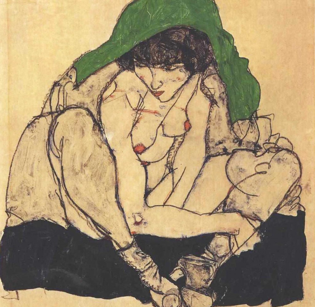 Egon Shiele, Crouching female nude with green headscarf (1890-1918)