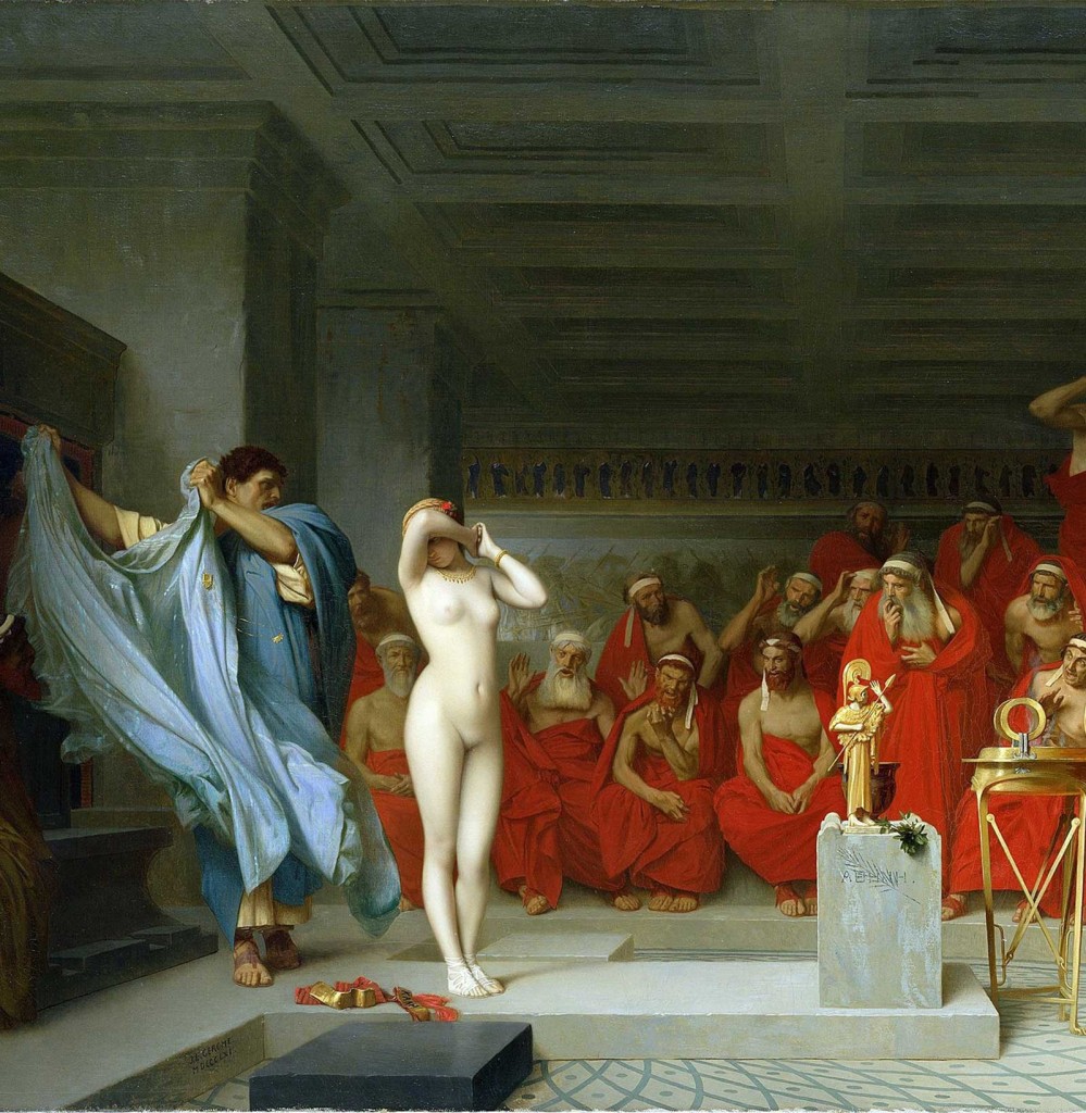 Jean-Léon Gérôme painting of the male gaze of Phryne before the Areopagus (1861) 